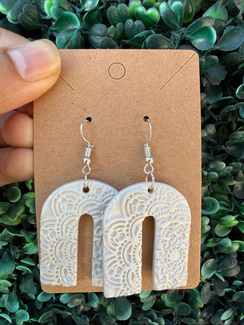 Handmade Polymer Clay Textured Arch Dangle Earrings in Pearl White